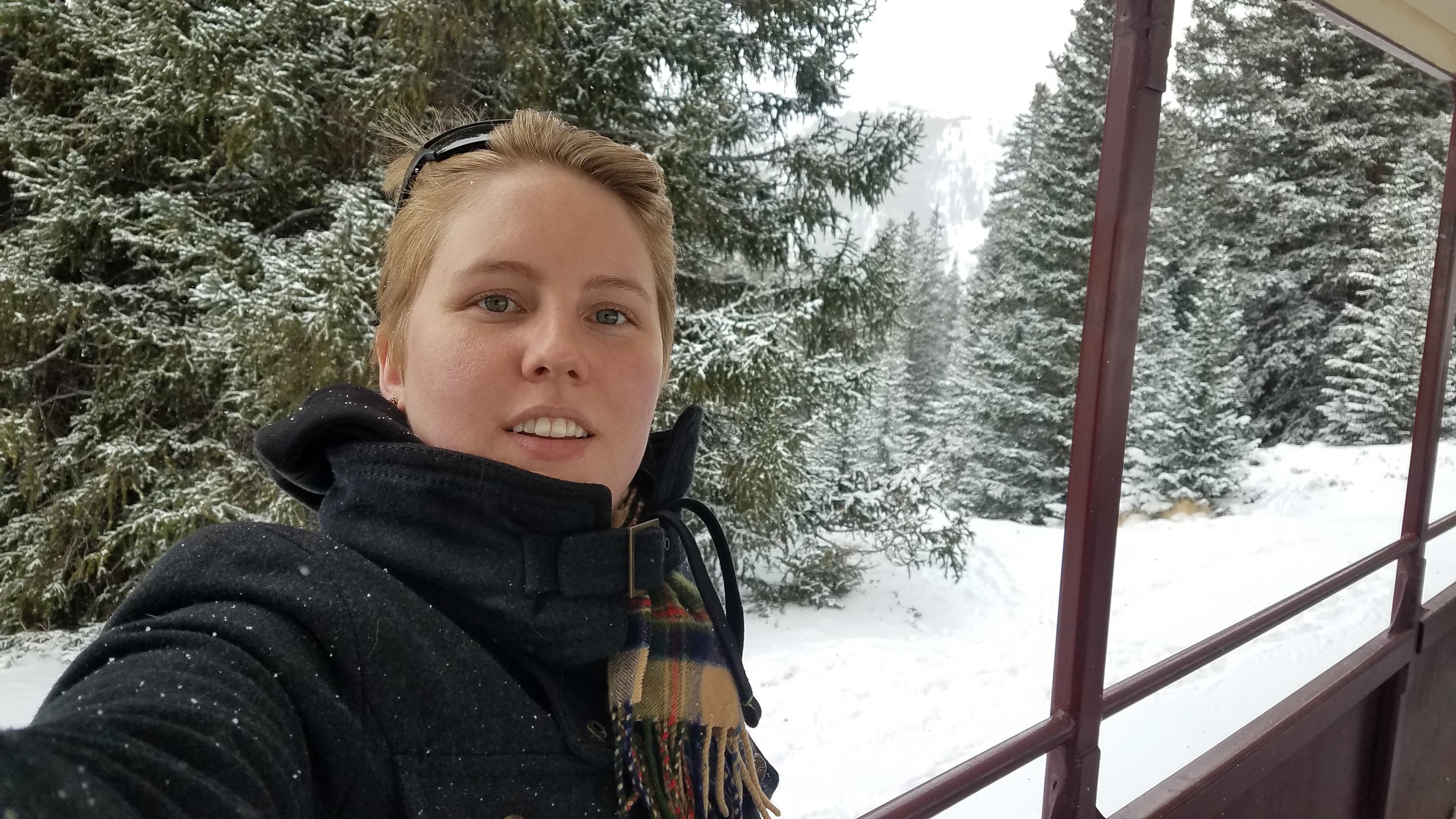 Lara on snowy train in mountains.